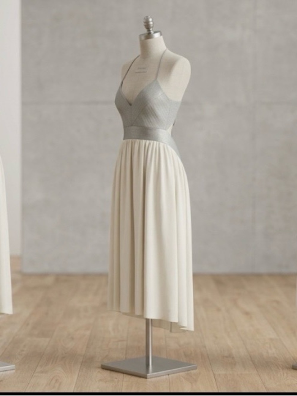 BCBGMaxAzria Two-Tone Spaghetti Strap High-Low Dress in Gray and Cream